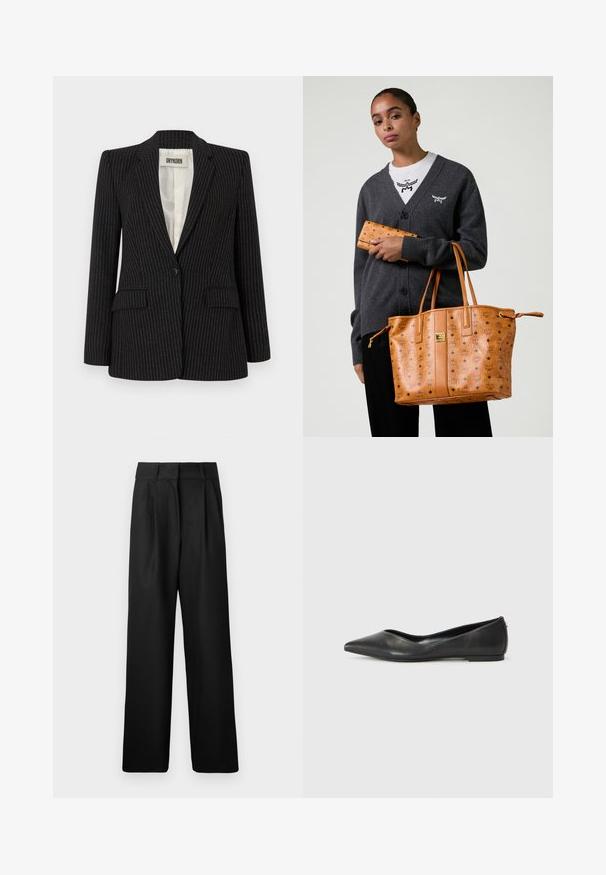 Black pinstripe blazer with a single button closure, notch lapels, dual front pockets, and a smooth interior lining.; White cotton t-shirt featuring a small black logo with wings and "MCM" at the center front. Short sleeves and crew neck design.; Black wide-leg trousers with a smooth texture, featuring front pleats and a high waist design. Made from a lightweight fabric.; Black leather ballet flat with a pointed toe, low heel, and smooth texture. Minimal design with a subtle side accent.; Woman wearing dark gray cardigan and white shirt, holding tan leather tote bag and matching wallet with logo print.