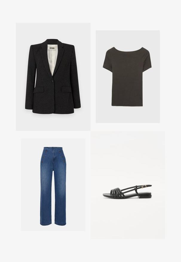 Schwarzer Nadelstreifen-Blazer mit einer Knopfverschluss, Reverskragen, zwei vorderen Taschen und einem glatten Innenfutter.; Dunkelgraues Kurzarmoberteil mit Bootsausschnitt. Hergestellt aus geripptem Stoff, mit lockerer Passform und sauberem Saum. Einfaches Design, ohne Muster.; Hochgeschnittene Jeans aus Denim in mittlerem Blau. Besitzt auffällige Knopfdetails vorne und einen weit geschnittenen Stil. Der Stoff hat eine glatte Textur mit leichten Ausbleichungen.; Schwarze flache Sandalen mit einem Riemen-Design, das mehrere Lederstraps und eine schmale Schnalle am Knöchel umfasst. Die Sohle ist flach und rechteckig.