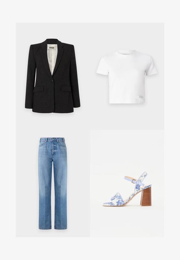 Blazer nero a righe con chiusura a un bottone, rever a taglio, doppie tasche frontali e fodera interna liscia.; T-shirt cropped bianco realizzato in cotone liscio, con un collo alto e maniche corte. Piccolo logo ricamato nell'angolo inferiore.; Jeans in denim blu chiaro con un design a gamba dritta, caratterizzati da un alto punto vita, cinque tasche e cuciture visibili. La texture è liscia e classica.; Sandal con stampa floreale blu, con punta quadrata, una larga fascia e una cinghia alla caviglia regolabile, dotata di un tacco a blocco in legno texturizzato.