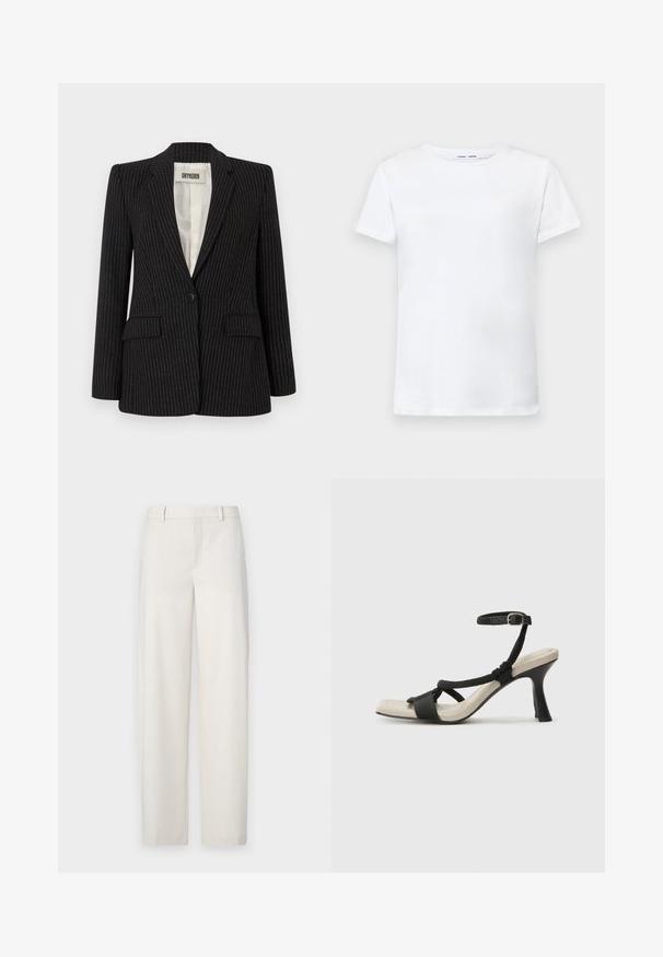 Zwarte pinstripe blazer met een enkele knoopsluiting, notch revers, dubbele voorzakken en een gladde binnenvoering.; Witte korte mouwen t-shirt van katoen met een ronde hals. Soepele textuur en rechte snit, zonder patronen of accenten.; Lichtbeige broek gemaakt van een gladde stof, met een rechte snit, platte voorkant, riemlussen en zakken aan de zijkant.; Zwarte hoge hak sandaal met een gevlochten bandontwerp, vierkante teen en verstelbare enkelband. Lichtbeige voetbed met een glanzende zwarte hak.