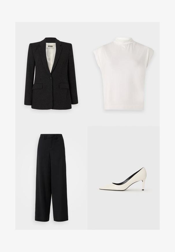 Fekete csíkos blézer, egy gombos záródással, kivágott hajtókákkal, dupla elülső zsebekkel és sima bélésse.; Fehér, ujjatlan, garbós felső, puha anyagból készült, strukturált kialakítással, sima textúrával és diszkrét bordázott szegéllyel.; Fekete, széles szárú nadrág sima anyagból, lapos elejű kialakítással, redőzött részletekkel és övhurkokkal a derékrészen.; Fehér lakkbőr, hegyes orrú, magas sarkú cipő, vékony sarokkal és fekete belső díszítéssel. Simább textúra és elegáns kivitel.