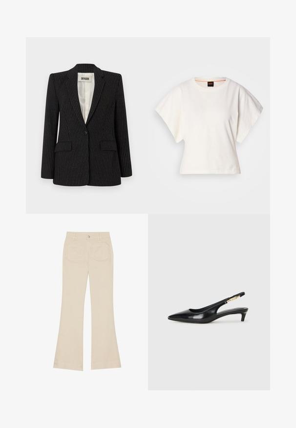Blazer negro de rayas con un cierre de un solo botón, solapas de muesca, dos bolsillos frontales y un forro interior suave.; Camiseta blanca recortada, con mangas cortas y anchas, material de algodón suave, cuello redondo con un sutil ribete naranja, diseño minimalista, sin patrones ni gráficos.; Pantalones acampanados beige de cintura alta, confeccionados en tejido de algodón. Cuentan con bolsillos delanteros y traseros, pasadores para cinturón y un solo botón plateado.; Tacones negros de piel sintética tipo slingback con punta afilada, que cuentan con un tacón delgado y un detalle en tono dorado en la correa ajustable. Textura suave.