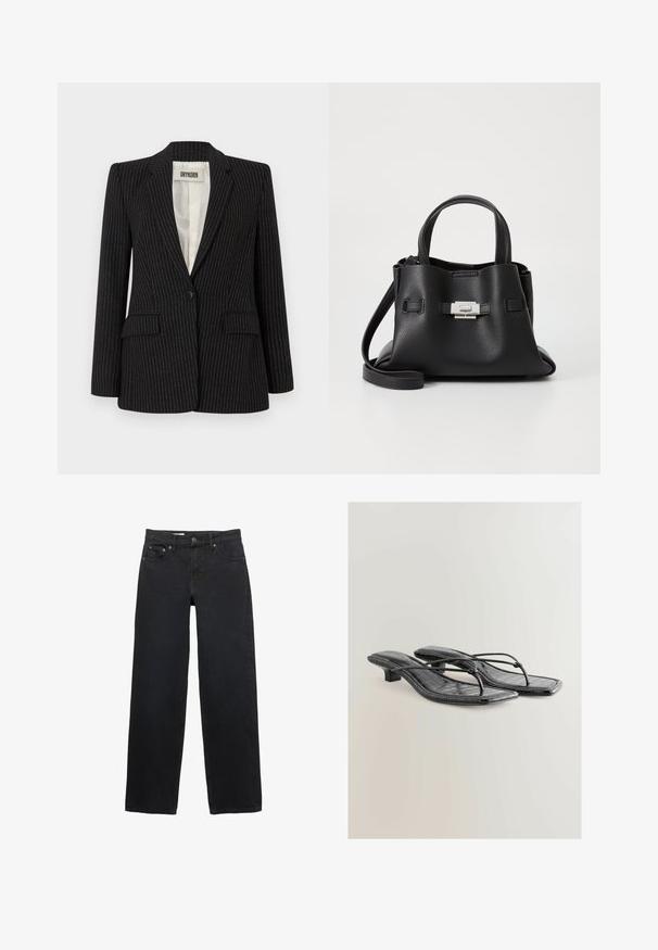 Blazer nero a righe con chiusura a un bottone, rever a taglio, doppie tasche frontali e fodera interna liscia.; Maglietta nera a maniche lunghe realizzata in tessuto a coste. Presenta un collo rotondo e un design aderente senza motivi o dettagli visibili.; Jeans neri a gamba larga realizzati in denim, con cinque tasche, chiusura a bottone, cuciture sottili e una linea diritta dalla vita all'orlo.; Sandali con tacco in finta pelle lucida nera, con punta quadrata, cinturini sottili e dettagli in texture coccodrillo. Design con tacco a blocco basso.; Borsa a tracolla in pelle nera con finitura textured, dotata di due manici superiori, una tracolla rimovibile e un dettagli di chiusura in argento.