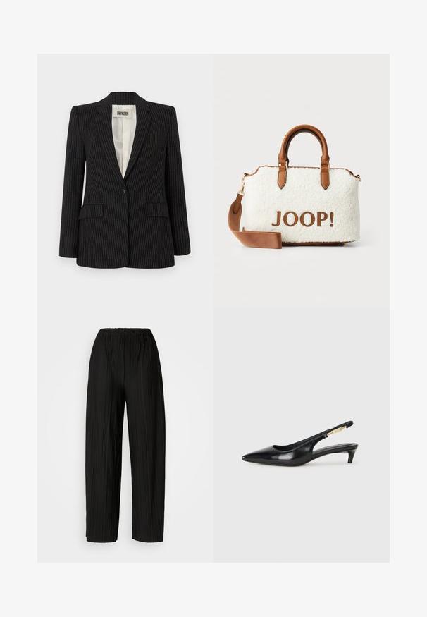 Svart rutigt kavaj med en knappstängning, slagkragar, två framfickor och ett mjukt innerfoder.; Svart bomullströja med rund halsringning, korta ärmar och en broderad logotyp på bröstet. Enkel, avslappnad passform utan mönster.; Svarta plisserade vida byxor med elastisk midjeband. Tyget har vertikala plisseringar och en slät yta.; Svart läder slingback-hälar med spetsig tå, med en smal klack och en guldtonad detalj på den justerbara remmen. Slät textur.; Vit plyschväska med bruna läderdetaljer och handtag. Har en "JOOP!"-logotyp i brunt. Inkluderar en avtagbar axelrem.