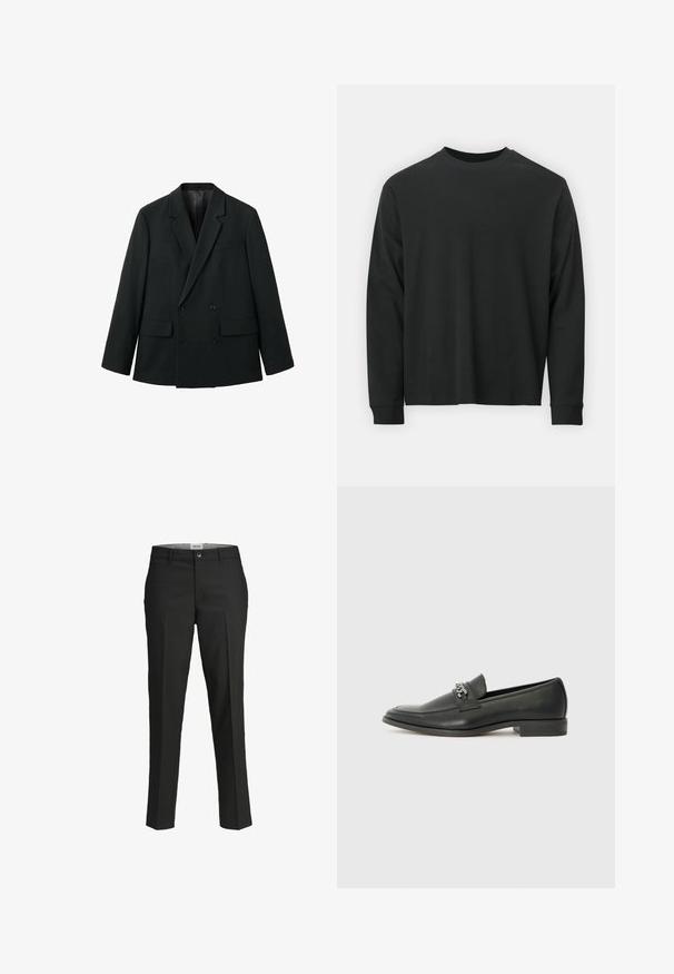 Blazer nero doppiopetto realizzato in tessuto morbido con rever a taglio, due tasche frontali e chiusure a bottoni. Design su misura e strutturato.; Maglietta nera a maniche lunghe in cotone, con scollatura rotonda, vestibilità ampia e polsini a costine. Texture liscia senza motivi visibili.; Pantaloni neri, vestibilità sartoriale, tessuto liscio, vita media, chiusura con bottone frontale, tasche diagonali e dettagli di piega lungo le gambe.; Mocassino in pelle nera con finitura liscia, caratterizzato da un design cucito e da un accento decorativo in catena metallica sul vamp. Tacco piatto.