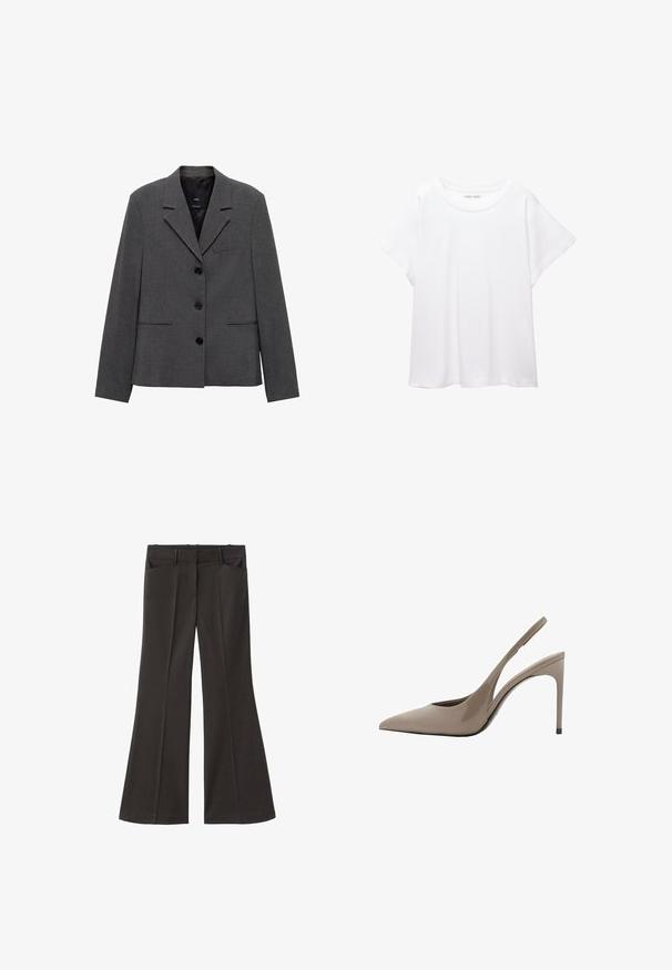 Blazer gri realizat dintr-un material texturat, având un guler cu cută, trei nasturi și două buzunare frontale înclinate.; Tricou alb dintr-un material moale și ușor. Prezintă un decolteu rotund și mâneci scurte, largi, cu un croi lejer. Fără modele vizibile.; Pantaloni evazați negri, cu talie înaltă; au două buzunare frontale și o textură de stofă netedă. Potriviți pentru diverse ocazii.; Pantofi cu toc înalt slingback din piele patent bej, cu vârful ascuțit și un design elegant, având un toc subțire și un detaliu decupat pe lateral.