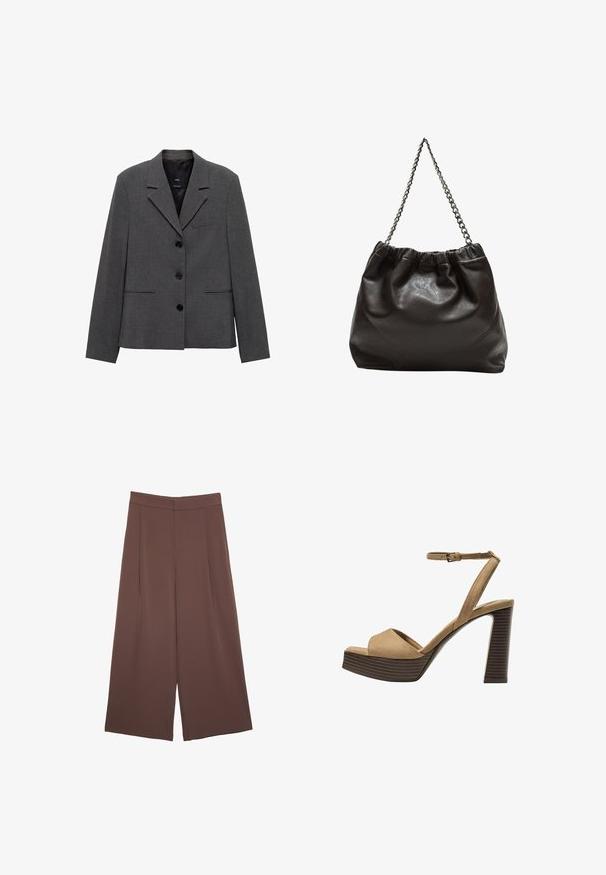 Sivý blejzer vyrobený z textúrovanej tkaniny, s výstrihom, tromi gombíkmi a dvoma naklonenými prednými vreckami.; Hnedé tričko s krátkym rukávom vyrobené z jemného materiálu, s okrúhlym výstrihom a voľným strihom. Žiadne viditeľné vzory ani akcenty.; Hnedé nohavice so širokými nohavicami a hladkou textúrou, s vysokým pásom a prednými skladmi. Tkanina je ľahká a voľne sa pohybuje.; Bežové semišové sandále na vysokom opätku s širokým predným pásom a pásikom okolo členka, ktoré majú masívny drevený blokový opätok s textúrovaným povrchom.; Hnedá kožená taška so zberaným vrchom a reťazovým popruhom. Hladký povrch s lesklým finišom a jemným švom po stranách.