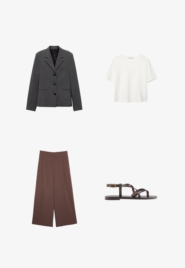 Grå blazer lavet af tekstureret stof, med reverkrave, tre knapper og to skrå frontlommer.; Hvid kortærmet t-shirt lavet af bomuld. Har en rund halsudskæring og en afslappet pasform. Glat tekstur uden synlige mønstre eller detaljer.; Brune bredbunde bukser med en glat tekstur, der har høj talje og plisseringer foran. Stoffet er let og falder løst.; Brune lædersandal med krydsende stropper, ankelspænde og en flad sål med minimale syninger.