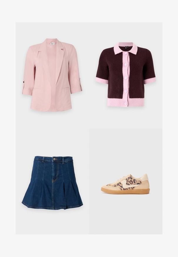 Lyserød blazer med enkelt knaplukning, slagkrave og trekvartærmer. To forlommer og knapdetaljer på ærmerne.; Kortærmet cardigan i mørkebrun strikkemateriale, med en lyserød krave og knaplukning, samt kontrasterende lyserøde kantbånd og manchetter.; Sort kortærmet bluse med rund halsudskæring, der har en udskæring foran og bindebånd. Lavet af blødt, letvægtsstof.; Jeansnederdel i mørkeblå med plisseret design, fem lommer, frontknaplukning og kontrasterende syninger.; Leopardprint sneakers med beige ruskindsoverdel, tan gummisål og hvide detaljer. Rund pegefinger og snørebåndsdesign med en tekstureret finish.