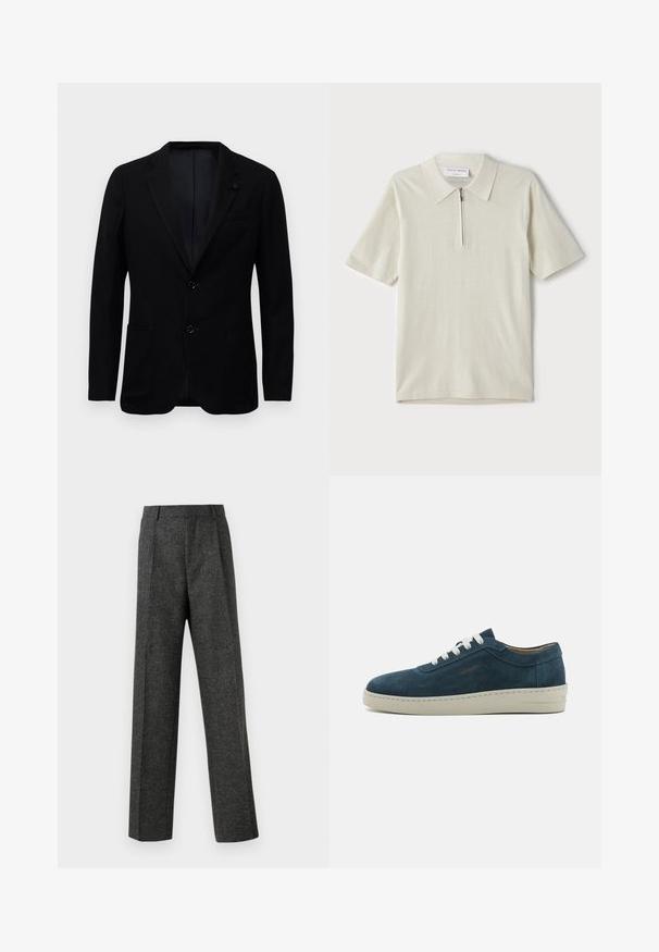 Blazer masculino preto com dois bolsos frontais, lapela em bico, dois botões e tecido texturizado sutil sobre um fundo branco.; Polo de manga curta em bege claro com colarinho com fecho. Feito de um tecido suave, apresenta um design simples e moderno, sem padrões.; Calças cinzentas ajustadas, feitas de um tecido texturizado, com duas pregas frontais e um design de perna reta. Sem bolsos visíveis ou enfeites.; Sapatilha de camurça azul com bico arredondado, atacadores brancos e sola de borracha. Apresenta costuras discretas e um detalhe com marcação na lateral.