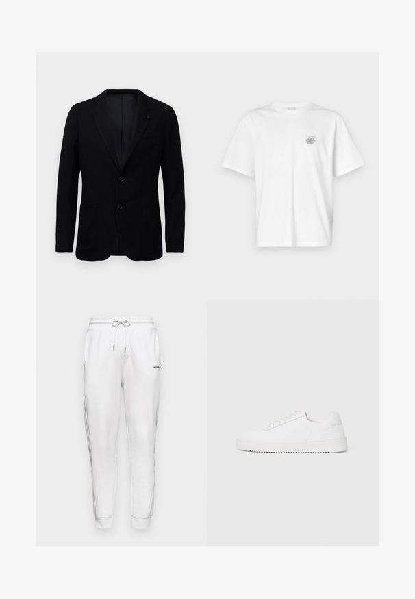 Svart herrblazer med två framfickor, slagkrage, två knappar och subtilt texturerad tyg på vit bakgrund.; Vit t-shirt i bomull med korta ärmar, rund hals och en liten grå logotyp på vänster bröst. Slät textur.; Michael Kors LOGO TAPE PANT - Träningsbyxor - white; Vit sneaker med en slät läderöverdel, rund tå, snören, strukturerade sidodekorationer och en tjock gummisula. Minimalistisk design.