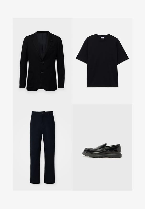 Blazer nero da uomo con due tasche frontali, revers a punta, due bottoni e un tessuto sottile a trama su sfondo bianco.; T-shirt oversize nera a maniche corte con scollatura rotonda e etichetta del marchio Filippa K visibile all'interno del colletto.; Pantaloni color blu navy in cotone, con design a gamba dritta, chiusura con bottone frontale e vita classica con passanti per cintura.; Mocassino in pelle nera con finitura lucida, punta arrotondata, dettagli di cucitura sottili e suola in gomma spessa per una maggiore durata.