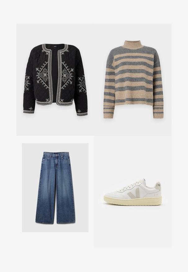 Giacca nera trapuntata con motivi floreali ricamati bianchi. Collo rotondo, apertura frontale e maniche lunghe con dettagli di cucitura intricati.; Maglione a righe realizzato in maglia, nei colori grigio e beige, con collo alto, maniche larghe con polsini e una vestibilità rilassata con un design corto.; Jeans in denim blu a gamba larga con una finitura sbiadita, dotati di chiusura a bottone e zip, cinque tasche e passanti per cintura.; Sneaker in pelle bianca con dettagli in suede beige, punta perforata, lacci piatti e suola testurizzata color crema. Presenta un logo discreto sul tallone.