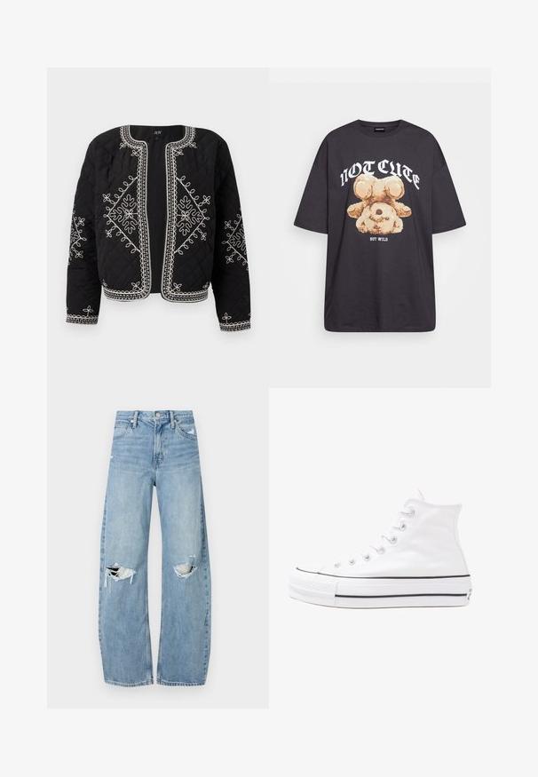 Juoda pagalvėlėmis siūta striukė, puošta baltais išsiuvinėtiems gėlių raštais. Apskritas kaklas, atviras priekinis kirpimas ir ilgos rankovės su įmantriais siuvinėjimais.; Juodas per didelis marškinėliai su bearo grafika ir tekstu "NE SIAUBINGA, BET NERAMUS" bold baltomis raidėmis. Pagaminta iš medvilnės.; Šviesiai mėlynos, aukštu juosmeniu džinsai pagaminti iš džinsinio audinio. Turi plačias kojų kelnes, dvi suplėšytas kelio vietas ir klasikinį penkių kišenių dizainą.; Balti aukštakulniai drobės sportbačiai su juodu guminio pado, priekinio guminio piršto dangteliu ir šešiais akytėmis raištams, pasižymintys švariu, minimalistiniu dizainu.