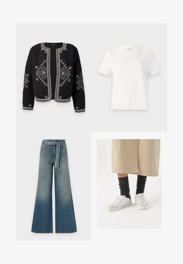 Quiltet svart jakke med hvite broderte blomsterdesign. Rund hals, åpen front og lange ermer med intrikate søm detaljer.; Hvit bomulls T-skjorte med korte ermer, prydet med broderte blomstermotiver. Rund hals, avslappet passform og jevn tekstur.; Bredde ben jeans med en lyseblå til mørkeblå gradient, høyt liv, beltehemper og et matchende belte i samme stoff. Teksturert denimoverflate.; Hvite og grå sneakers med svart hælakkent, med en glatt læroverdel og teksturert semsket tå. Brukt sammen med mørkegrå slouchy sokker.