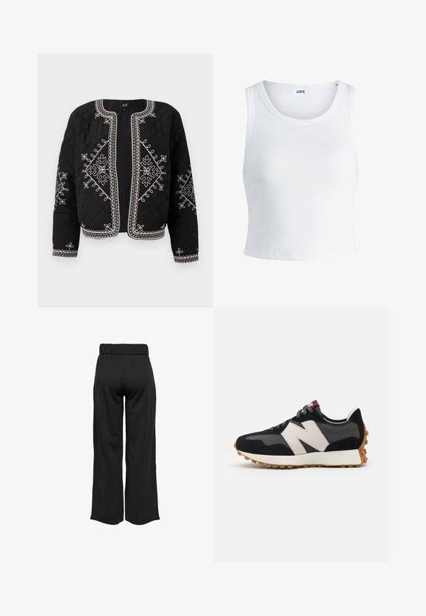 Jachetă neagră matlasată cu modele florale brodate în alb. Guler rotund, deschis în față și mâneci lungi cu accente de cusătură elaborate.; Top alb cu detalii texturate, cu guler rotund, fără mâneci și lungime scurtă. Eticheta spune "JJXX." Textură de țesătură netedă.; Pantaloni negri, cu croi larg și talie elastică, realizați dintr-un material neted. Au un design simplu, fără buzunare sau detalii de cusătură vizibile.; Adidași din suede negru și gri cu un mare logo "N" de culoare crem, sireturi purpurii și o talpă din cauciuc texturat de culoare gumă.