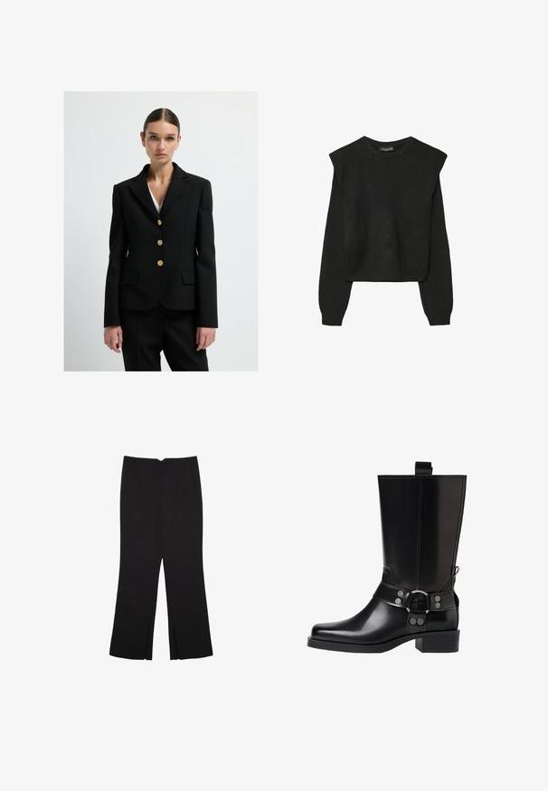 Czarny żakiet o dopasowanej sylwetce, z klapami, trzema złotymi guzikami i dwoma przednimi kieszeniami. Gładki, teksturowany materiał.; Czarny, długi sweter z dzianiny z poduszkami na ramionach oraz prążkowanymi mankietami i dołem, pokazany na białym tle.; Czarne spodnie o prostym kroju, z przednimi kieszeniami i bocznymi rozcięciami na dole. Wykonane z miękkiego, gładkiego materiału. Odpowiednie na różne okazje.; Czarne skórzane buty za kolano z wydłużonym noskiem, srebrnymi akcentami w postaci klamr oraz masywnym obcasem. Posiadają pętelkę umożliwiającą łatwe zakładanie.