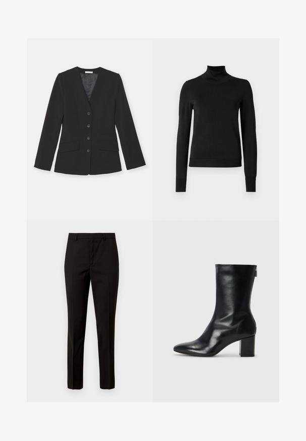 Čierny blazer s klopovým golierom, šiestimi prednými gombíkmi a dvoma náprsními vreckami. Vyrobený z hladkej látky s prispôsobeným strihom a dlhými rukávmi.; Čierny dlhý rukáv rolák s rebrovanými manžetami a lemom, zobrazený na čistej bielej pozadí.; Čierne upravené nohavice s rovnými nohavicami, vyrobené z hladkej tkaniny, s plochým predným dielom a pútkami na opasok. Žiadne viditeľné vzory ani akcenty.; Čierne kožené členkové topánky s špicatou špičkou a blokovým podpätkom vysokým 4 cm. Elegantný dizajn obsahuje bočný zips pre jednoduché obúvanie. Hladká textúra.
