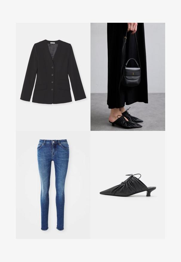 Must valetšärkliga musta bleiser, millel on nurgatagused kraed, kuus esist nuppu ja kaks kleeppocketit. Valmistatud siledast kangast, millel on sobiv lõige ja pikad varrukad.; Kerge beež pika varrukaga särk kõrge kraega ja tagumise tõmbluku ning pehme, sileda kangaga; omab keha järgivat disaini ja sirget äärt.; Sinised teksad slim-fit stiilis, siledast kangast, keskmise tõusuga talje, viie taskuga ja kergelt pleekinud reite piirkonnas. Omab metallist nööpi ja tõmblukk.; Mustad nahast libisemisega mullingud terava varbaga, volditud tekstuuriga ja väikese kitinõelaga. Omab tõmbluku detaili avas.; Väike must nahast käekott ümarate vormidega, ülemise sangaga ja eemaldatava rihmaga. Kanda musta kangast kleidi ja mustade voltimisega kingadega.; Kuldse tooni rõngaskõrvarõngad keerduva disainiga, millel on sooneline tekstuur ja sile viimistlus. Kerged ja õõnsad konstruktsioonid.