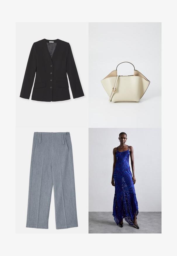 Černý blazer s klopovým límcem, šesti předními knoflíky a dvěma našitými kapsami. Vyroben z hladké látky s přiléhavým střihem a dlouhými rukávy.; Černý dlouhý rukáv top vyrobený z měkkého materiálu, s kulatým výstřihem a volným střihem, se bočními rozparky na olemování pro snadný pohyb.; Svetle šedé, široké kalhoty vyrobené z texturované tkaniny, s dvěma předními sklady a dvěma bočními kapsami. Čistý, upravený design.; Modré a fialové maxi šaty s potiskem zvířecí srsti, tenkými ramínky, přiléhavým živůtkem, rozšířeným spodním lemem a průhlednými detaily.; Ree Projects ANN - Kabelka - beige