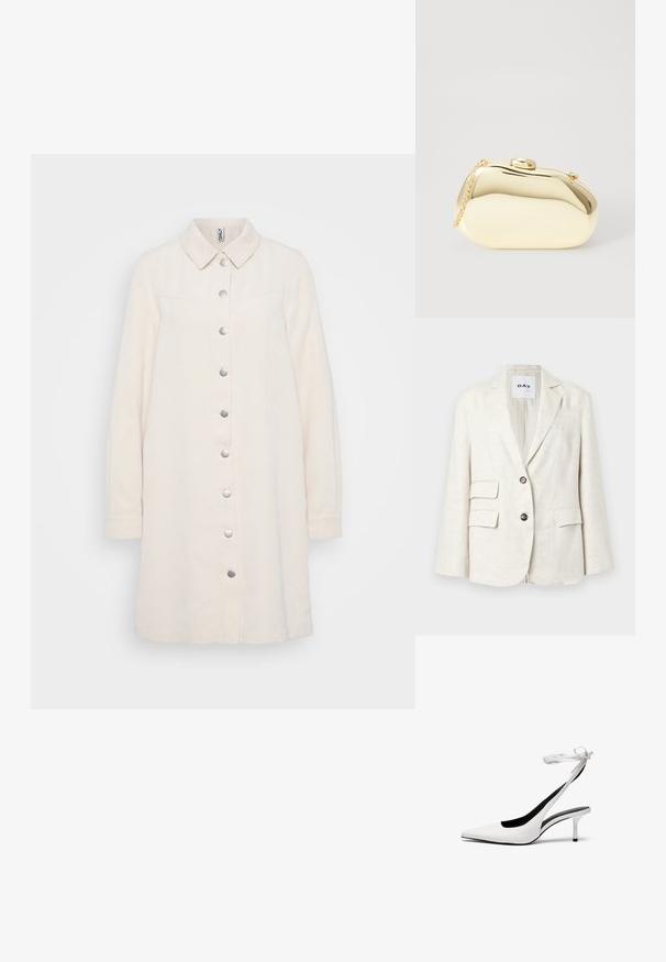 Svijetlosmeđi sako izrađen od teksturiranog materijala, s reverima, dva prednja džepa i dva crna gumba. Oznaka glasi "DAY."; Haljina od svijetlosmeđeg kordura s dugim rukavima i ovratnikom, s okomitim rebrastim uzorkom i metalnim gumbima duž prednje strane.; Bijele cipele s otvorenim petama s oštrim vrhom i tankim remenom oko gležnja. Glatki kožni materijal, tanki stileto potplat i crna unutarnja obloga.; Metalni zlatni clutch s glatkim, zaobljenim oblikom, s gornjim kopčom na dugme i malim lancem za nošenje.