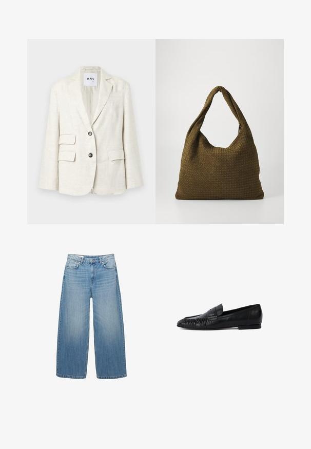 Jasbeżowa marynarka wykonana z teksturowanej tkaniny, z klapkami, dwoma przednimi kieszeniami oraz dwoma czarnymi guzikami. Metka z napisem "DAY."; Czarny sweter wykonany na szydełku z okrągłym dekoltem, długimi rękawami i skróconym fasonem. Wykonany z miękkiego materiału o gładkiej fakturze.; Jasnoniebieskie dżinsy o szerokich nogawkach, wykonane z denimu, charakteryzujące się klasycznym pięciopocketowym fasonem i zapięciem na guzik. Przez cały materiał widoczny jest efekt wypłowienia.; Czarne skórzane mokasyny z zaokrąglonym noskiem, haftem z przodu i płaską podeszwą. Minimalistyczny design z subtelnym akcentem logo.; Torebka z tkaniny plecionej w oliwkowym kolorze o przestronnym, zaokrąglonym kształcie i jednym, wydłużonym uchwycie do noszenia. Teksturowana powierzchnia.