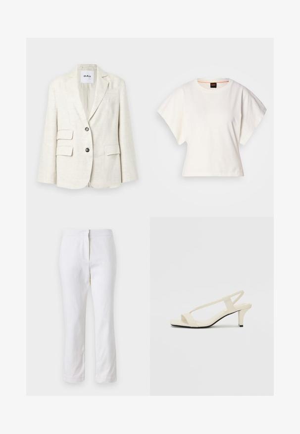 Blazer beige clair en tissu texturé, avec un revers cranté, deux poches avant et deux boutons noirs. L'étiquette indique "DAY."; T-shirt blanc cintré, manches courtes et larges, en coton doux, décolleté rond avec une discrète bordure orange, design minimaliste, sans motifs ni graphiques.; Pantalons en coton blancs avec une coupe droite, dotés d'une taille mi-haute et sans matériel ou motifs visibles. Texture lisse sur l'ensemble.; Sandales beiges à talons carrés avec des fines brides et un bout carré. Matière lisse avec des détails minimaux, conçues pour un port facile.