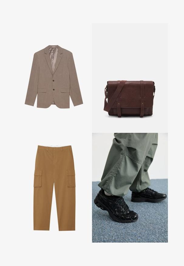 Lys brun blazer laget av teksturert stoff, med to frontlommer, enkle knappelukking og sateng-finish på innermaterialet.; Tre lange ermeløse crewneck sweatshirts i marinblå, lysegrå og svart, lagd og lagt flatt på en hvit bakgrunn.; Brune cargo bukser med to sidelommer, en flad front og lige ben. Lavet av et slitesterkt stoff med en jevn tekstur.; Svarte sportssko med glossy og mesh teksturer, med en tykk såle og lisser, kombinert med løse olivengrønne cargo-bukser.; Brun lær messenger bag med en flat frontklaff, to stropper, gullfargede detaljer og en justerbar skulderrem.