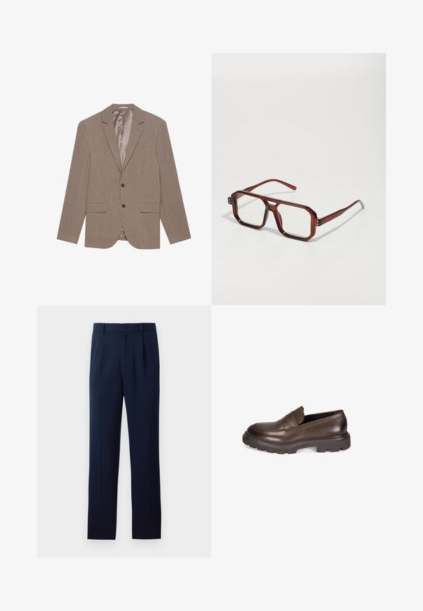 Hellbrauner Blazer aus strukturiertem Stoff, mit zwei vorderen Taschen, Ein-Knopf-Verschluss und satinierter Innenausstattung.; Beiges kurzärmliges Strickhemd mit Polokragen, das ein offenes Gewebemuster, fünf Knöpfe auf der Vorderseite und einen gerippten Saum aufweist.; Marineblaue Hose aus glattem Stoff, mit einem einzigen Knopfverschluss, Falten und geraden Beinen. Minimalistisches Design ohne auffällige Muster.; Desa Slipper - brown; Braune transparente übergroße Brillen mit rechteckigen Gläsern und schlanken Bügeln. Abgewinkelte, leicht abgerundete Ecken und sichtbare Hardware-Akzente.; Silberne Metall-Uhr mit einem gebürsteten blauen Zifferblatt, weißen Stundenmarkierungen und einem Datumsanzeiger. Verfügt über ein verlinktes Metallarmband und ein Markenlogo.