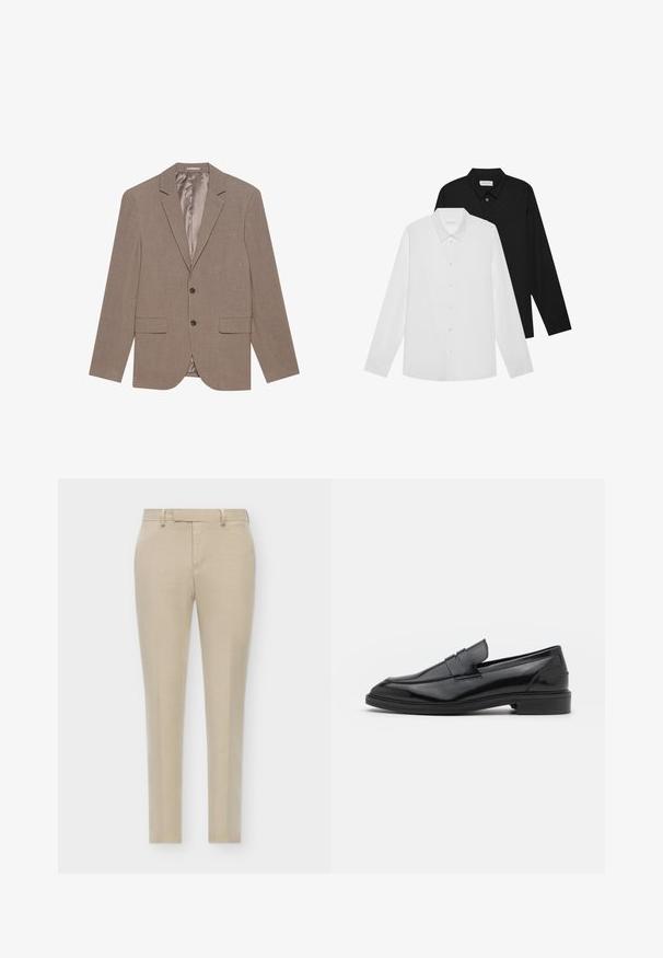 Vaaleanruskea bleiseri, joka on valmistettu tekstuurikankaasta. Siinä on kaksi etutaskua, yksinkertainen nappisuljenta ja satiinipintainen vuori.; Valkoiset ja mustat pitkähihaiset paidat, joissa on terävät kaulukset, napit edessä ja sileä kangas. Tunnisteet näkyvillä sisäkauluksessa.; Beige-harmaat puvut, joissa on kapea istuvuus, litteä etuosa, huomaamattomat sivutaskut ja sileä, teksturoitu kangas.; Musta nahkakengät, joissa on sileä pinta, pyöristetty varvas ja kapea nauha päällä. Matala paksu kanta.