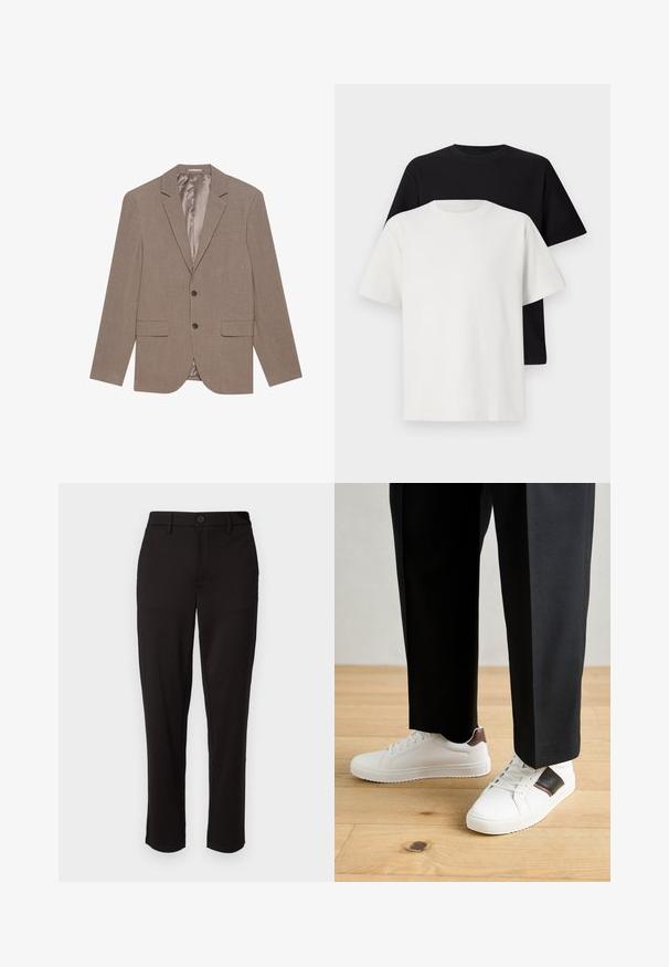 Lys brun blazer laget av teksturert stoff, med to frontlommer, enkle knappelukking og sateng-finish på innermaterialet.; Sett med bomull t-skjorter bestående av en svart topp og en hvit topp, begge med korte ermer, rund hals og standard passform. Teksturet stoff.; Svart bukser laget av lett stoff, med rett ben, frontlukking med knapp, beltehemper og sidelommer.; Hvite sneakers med glatt tekstur, med brune skinnakenter og svart detaljer, parret med svarte skreddersydde bukser. Bakgrunn med tregulv.