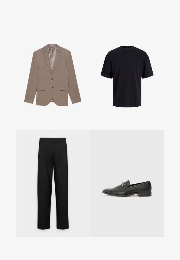Šviesiai rudas švarkas, pagamintas iš tekstūruotos medžiagos, turintis dvi priekines kišenes, uždarymas viena sagtele ir satino apdaila viduje.; Juodas medvilninis marškinėlis su apvaliu iškirpimu, trumpomis rankovėmis ir laisvu siluetu. Glotni tekstūra, be matomų raštų ar akcentų.; Juodi kelnių modeliai, pagaminti iš lygios medžiagos, turi tiesią kojas, du priekiniai klostės ir standartinę juosmenį su diržo kilpomis.; Juodos odinės loafer tipo bateliai su lygiu paviršiumi, turintys siuvinėtą dizainą ir dekoratyvų metalo grandinėlės akcentą ant batų viršaus. Plokščias kulnas.