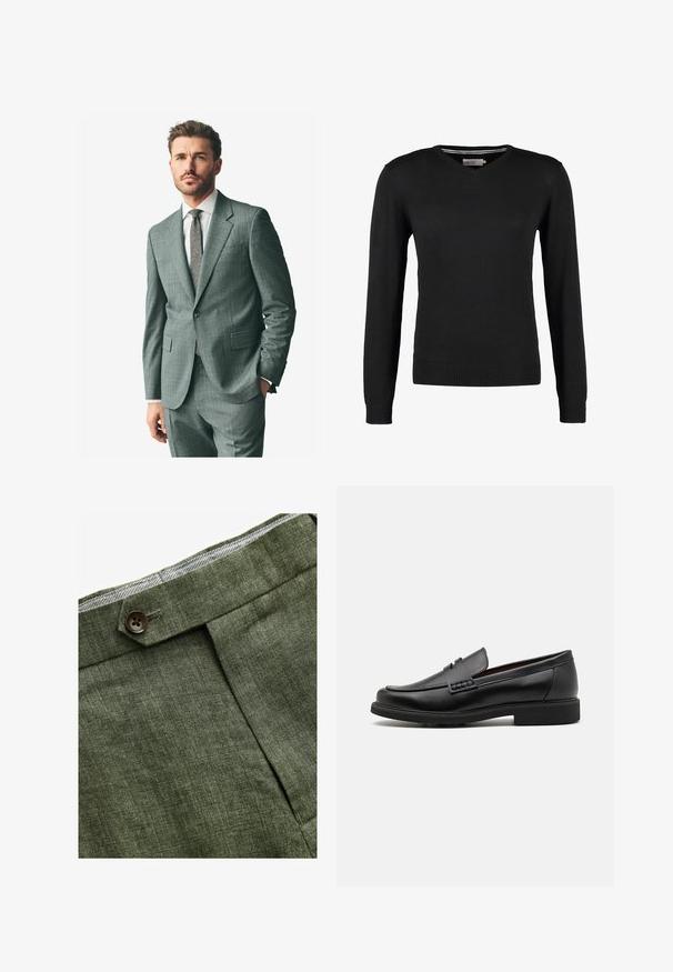 Šedý strukturovaný oblek s klopovým límcem, odpovídající kalhoty a světlou košili. Doplňky zahrnují vzorovanou kravatu a knoflíky na rukávech.; Černý, přiléhavý svetr s V-výstřihem a dlouhými rukávy. Vyrobeno z měkké pleteniny, s žebrovanými manžetami a pasem. Minimalistický design.; Bílý bavlněný tričko s kulatým výstřihem nošené s námořnickými plisovanými kalhotami a hnědým koženým páskem se zlatou sponou.; Olivově zelené lněné kalhoty s předním záhybem, vybavené zapínáním na knoflík a kontrastní kostkovanou podšívkou v pase.; Černé syntetické mokasíny s výrazně prošívanou špicí, měkkou stélkou a plochou gumovou podrážkou; elegantní design s minimálním zdobením.