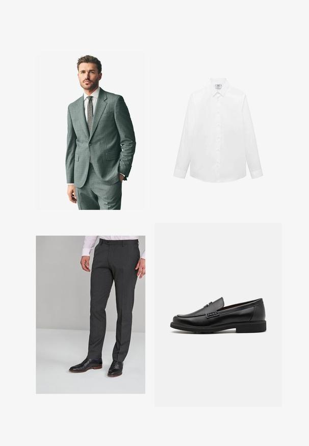 Grijs textuurpak met een afgeronde revers, bijpassende broek en een lichtkleurig overhemd. Accessoires zijn onder andere een gestreepte stropdas en knopen op de mouwen.; Witte langlopende shirt met lange mouwen, gemaakt van gladde stof, met een klassieke kraag, knoopsluiting en een gebogen zoom. Minimalistisch ontwerp zonder patronen.; Grijze op maat gemaakte broeken met een gladde textuur, voorzien van een vlakke voorkant en riemlussen, gecombineerd met zwarte dresschoenen.; Zwarte synthetische loafers met een opvallende gestikte voorkant, gevoerde binnenzool en platte rubberen buitenzool; slank ontwerp met minimale details.
