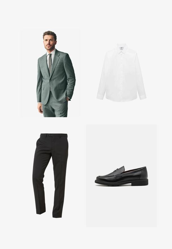 Gray textured suit with a notched lapel, matching trousers, and a light dress shirt. Accessories include a patterned tie and buttons on the sleeves.; White long-sleeve shirt made of smooth fabric, featuring a classic collar, button front, and curved hem. Minimalistic design with no patterns.; Next Trousers - Suit Trousers Slim Fit - Suit trousers - mottled black; Black synthetic loafers with a prominent stitched front, cushioned insole, and flat rubber outsole; sleek design with minimal detailing.