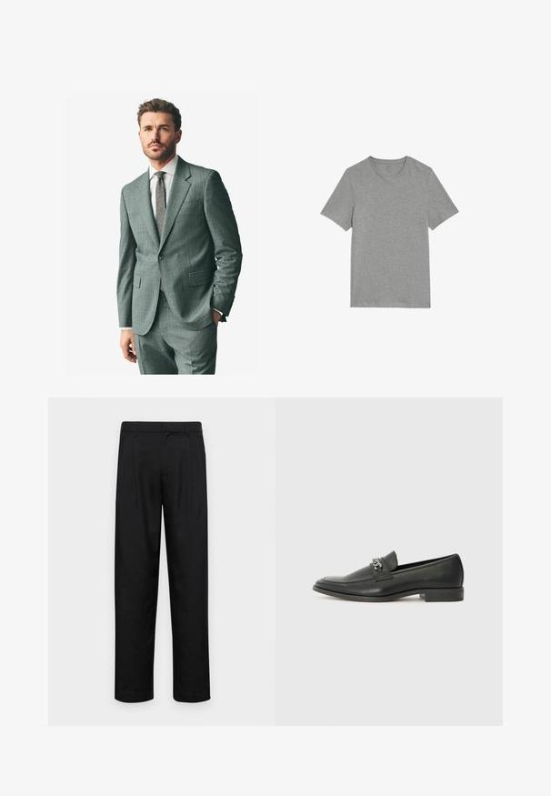 Suit grigio con texture, colletto a scollatura, pantaloni abbinati e camicia formale chiara. Gli accessori includono una cravatta a motivo e bottoni sulle maniche.; T-shirt di cotone grigio, maniche corte, collo giro, design semplice, texture morbida, vestibilità regolare, senza fantasie o dettagli.; Pantaloni neri realizzati in tessuto liscio, caratterizzati da un taglio dritto, due pieghe frontali e una vita standard con passanti per la cintura.; Mocassino in pelle nera con finitura liscia, caratterizzato da un design cucito e da un accento decorativo in catena metallica sul vamp. Tacco piatto.