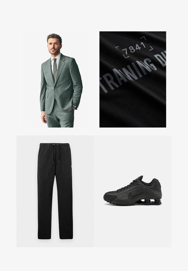 Un costume gris texturé avec un revers cranté, un pantalon assorti et une chemise habillée claire. Les accessoires comprennent une cravate à motifs et des boutons sur les manches.; T-shirt en coton noir avec un texte argenté en relief qui indique "ENTRAÎNEMENT PENDANT" et le numéro "7841", avec une texture douce et lisse.; Pantalons de survêtement noirs en polaire, dotés d'une taille élastique avec cordons de serrage, de deux poches avant et d'un petit logo sur la cuisse.; Baskets de course noires avec une tige en synthétique lisse, des accents perforés, des panneaux latéraux texturés et une semelle distincte et rebondissante.