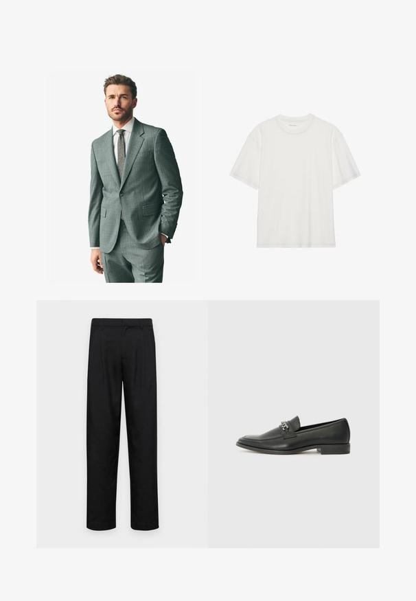 Hallikas tekstuuriga ülikond, millel on lõigatud krae, sobivad püksid ja heledat värvi särgike. Aksessuaaride hulka kuuluvad mustriga lips ja nööbid varrukatel.; Valge puuvillane t-särk lühikeste varrukatega, ümar kaelus ja kontrastse õmbluse detail kaeluse ning varrukate ümber.; Mustad mustadest riietest, millel on sirge jalgade disain, kaks eesmist voltimist ja tavaline vöökoht, millel on vöökohad.; Must haveate nahkking punased, millel on sile viimistlus, tikitud muster ja dekoratiivne metallkett vampi üle. Tasane konts.