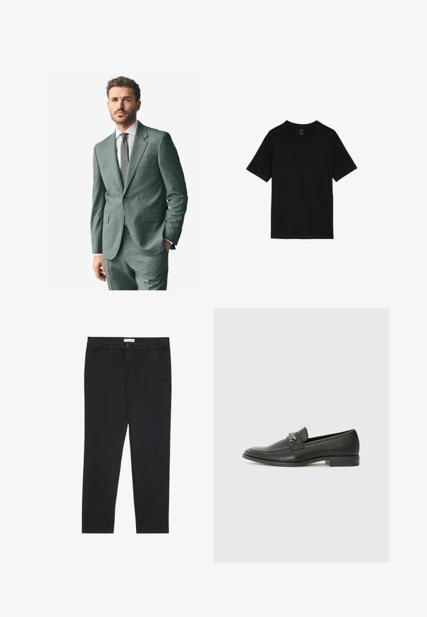Grå texturerad kostym med snedskuren krage, matchande byxor och en ljus skjorta. Tillbehören inkluderar en mönstrad slips och knappar på ärmarna.; Svart T-shirt i bomull, med en klassisk rund halsringning, korta ärmar och rak nederkant. Ingen mönster eller grafik finns.; Svarta bomullsbyxor med smal passform, som har två sidfickor och knäppning fram. Texturerad tyg med subtila detaljer.; Svart läderloafers med en slät yta, med en sydd design och en dekorativ metallkedjeaccent över västen. Platt häldesign.