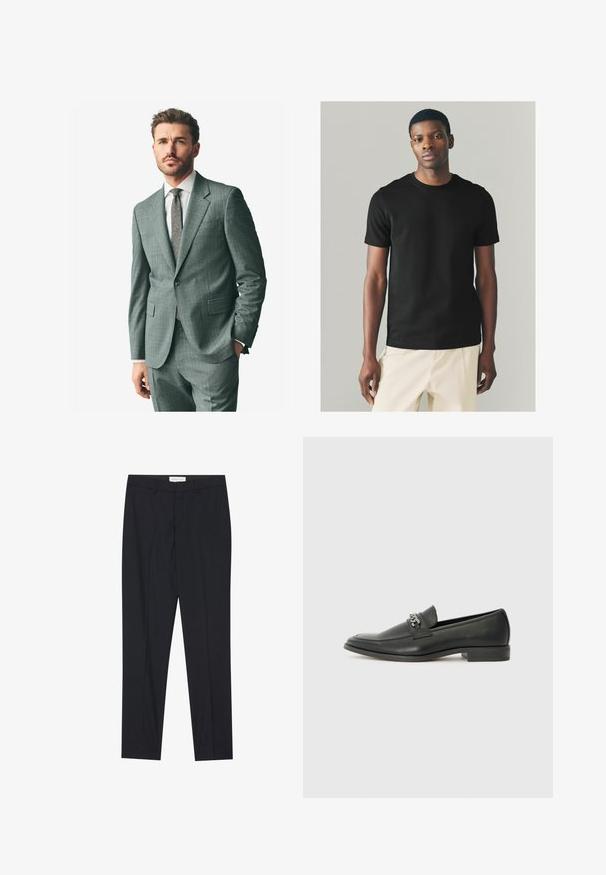 Gray textured suit with a notched lapel, matching trousers, and a light dress shirt. Accessories include a patterned tie and buttons on the sleeves.; Black cotton T-shirt with short sleeves, round neckline, and a fitted silhouette, paired with light-colored trousers. Smooth texture.; Black tailored trousers with a flat front, regular fit, made of smooth fabric, featuring pressed pleats and side pockets.; Black leather loafer with a smooth finish, featuring a stitched design and a decorative metal chain accent across the vamp. Flat heel.