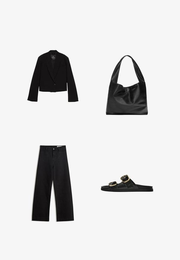 Przycięta czarna marynarka z gładkiego materiału, z pojedynczym zapięciem na guzik, klapami w kształcie otworu oraz kieszenią na piersi o minimalistycznym wzornictwie.; Granatowy sweter z dzianiny z okrągłym dekoltem i długimi rękawami, z lekko skróconym dołem i ściągaczami dla dodatkowej tekstury.; Czarne dżinsowe spodnie o szerokich nogawkach i wysokim stanie, z przednimi i tylnymi kieszeniami, przeszyciami oraz zapięciem na guziki. Gładka struktura.; Czarne klapki z dwoma złotymi klamrami, gładki materiał, płaska podeszwa i minimalistyczny design.; Czarna skórzana torba na ramię o miękkim, zwisającym fasonie, szerokich uchwytach i gładkiej fakturze. Brak widocznych elementów metalowych lub ozdób.