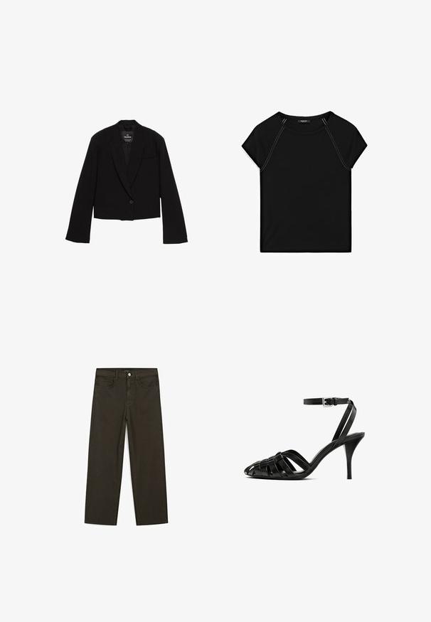 Kort svart blazer i slät väv, med enkel knappstängning, slagkragar och en bröstficka med minimalistisk design.; Svart kortärmad topp med rund halsringning och kontrasterande vit sömnad längs axlarna och sidorna. Mjuk, slät tyg.; Mörkgröna vida jeans i bomullsblandning, med knäppning fram, fem fickor och klassisk denimstickning.; Svart läder högklackad sandal med ankelrem, med flätade remmar över tån, en slät yta och en spetsig tåform.
