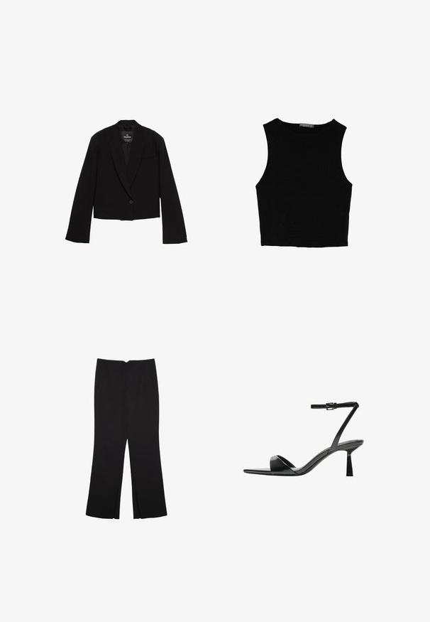 Kreppet sort blazer lavet af glat stof, med en enkelt knaplukning, notched revers og en brystlomme med et minimalistisk design.; Sort ærmeløs crop top lavet af glat stof, med rund hals og et rent, enkelt design uden mønstre eller hardware.; Sorte bukser med lige pasform, der har frontlommer og slidser i kanten. Lavet af blødt, glat stof. Velegnet til forskellige anledninger.; Bershka Højhælede sandaletter / Højhælede sandaler - black