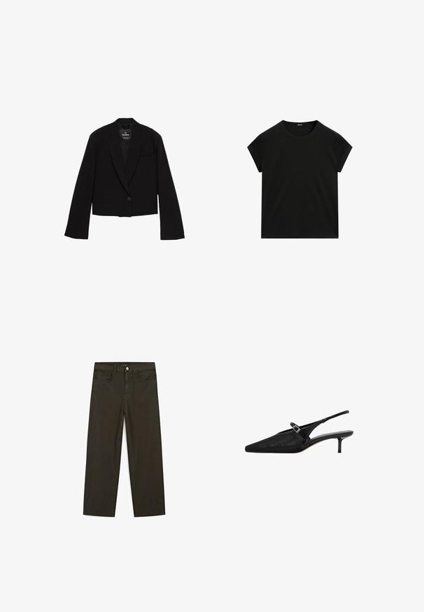 Blazer nero accorciato realizzato in tessuto liscio, dotato di chiusura a un bottone, rever a punta e taschino sul petto con design minimalista.; T-shirt nera a maniche corte con collo rotondo e orlo dritto, presentata in piano su uno sfondo bianco.; Jeans a gamba larga di colore verde scuro, realizzati in tessuto misto cotone, dotati di chiusura con bottone frontale, cinque tasche e cuciture classiche in denim.; Décolleté slingback neri con punta affusolata, parte superiore in rete testurizzata, sottile cinturino regolabile con fibbia argentata e tacco a stiletto di 5 cm.