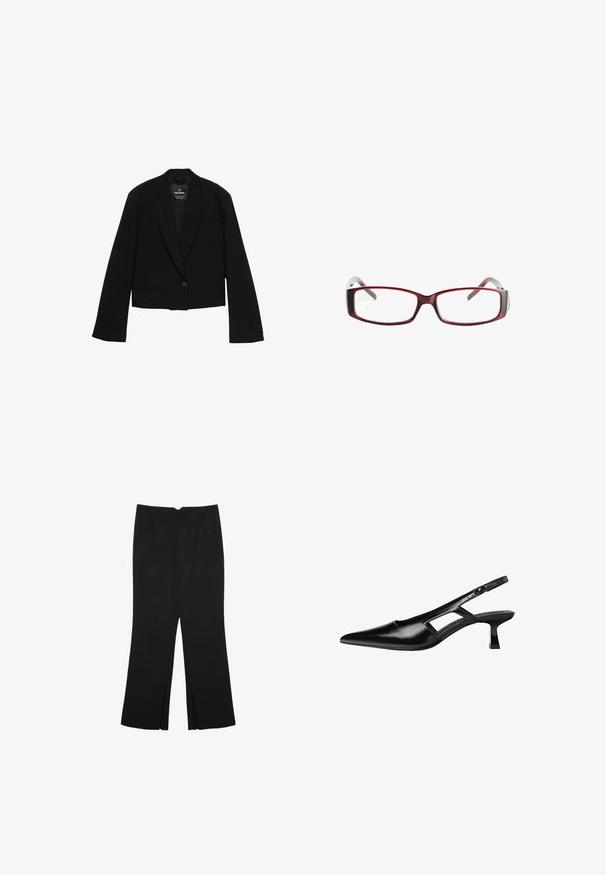 Kreppet sort blazer lavet af glat stof, med en enkelt knaplukning, notched revers og en brystlomme med et minimalistisk design.; Lys beige langærmet top lavet af blød stof, med rund halsudskæring og en afslappet pasform med lige kant og minimal syning detaljer.; Sorte bukser med lige pasform, der har frontlommer og slidser i kanten. Lavet af blødt, glat stof. Velegnet til forskellige anledninger.; Sorte patentlæder slingback hæle med spids tå, udskåret sideskærm og en lille firkantet hæl. Glat tekstur med minimale detaljer.; Røde rektangulære briller med et sleekt design. Klare linser, let transparente stænger og en gradient-effekt fra rød til grå.
