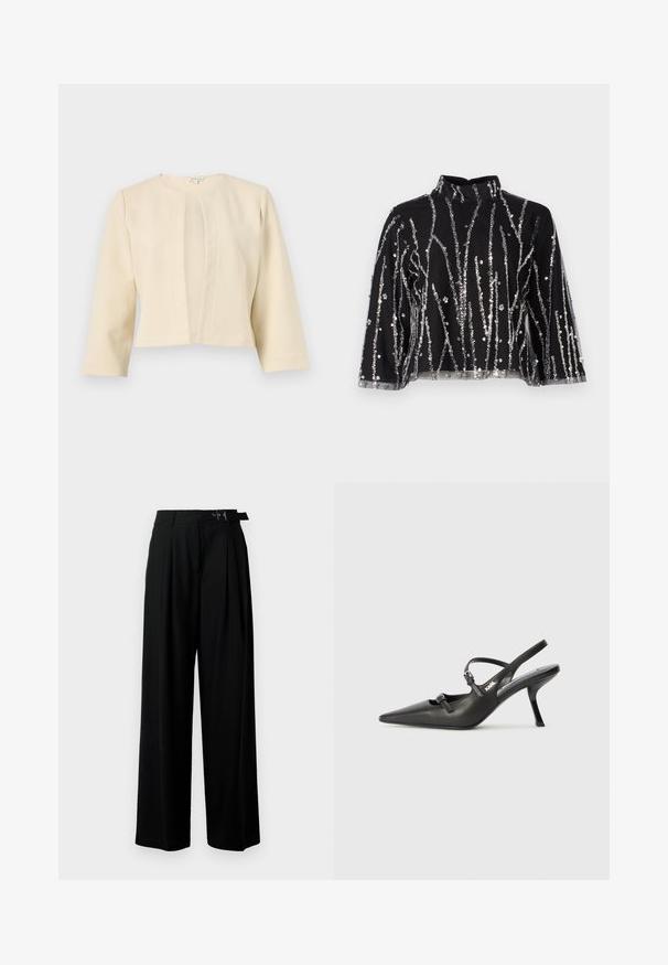 Beige cropped jacket with three-quarter sleeves, featuring a round neckline and front pleat detailing, made from a textured fabric.; Black cropped top with high neck, featuring silver sequined vertical lines, sheer sleeves, and textured fabric.; Black wide-leg trousers with a high waist, pleats at the front, and a belt featuring a buckle. Made from smooth, lightweight fabric.; Black leather slingback heels with a pointed toe, slender heel, and decorative buckle detail on the vamp. Smooth texture and sleek design.