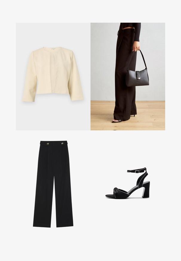 Beige cropped jacket with three-quarter sleeves, featuring a round neckline and front pleat detailing, made from a textured fabric.; Black camisole with adjustable straps, cowl neckline, and intricate black lace trim along the top. Smooth satin-like fabric.; Black wide-leg trousers with high waist, button details on waistband, and front pleats.; Black suede heeled sandals with a wide block heel, adjustable ankle strap, open toe design, and contrasting stitched detailing.; Black handbag with structured shape, smooth texture, and a metallic clasp. Paired with wide black pants and open-toe sandals on wooden floor.