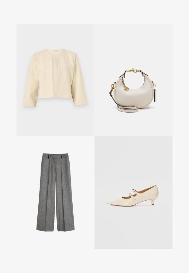 Veste beige courte à manches trois-quarts, dotée d'un col rond et de détails de plis à l'avant, réalisée en tissu texturé.; Chemise blanche à manches longues avec col pointu, en coton. Présente un petit logo brodé sur la poitrine gauche.; Pantalon large en laine gris avec passants de ceinture et plis avant, conçu pour une coupe relaxée et ajustée.; Chaussures Mary Jane en cuir verni beige avec deux boucles ajustables, bout pointu et un petit talon. Texture lisse avec un fini brillant.; Sac à main en cuir crème avec une forme de croissant, quincaillerie dorée, accents noirs et une bandoulière amovible. Présente un détail en chaîne et une étiquette.