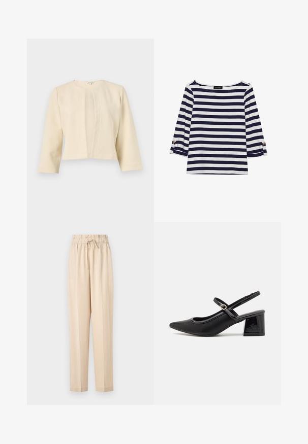 Beige kort jacka med trekvartslånga ärmar, med rund halsringning och detalj av veck framtill, tillverkad av ett texturerat tyg.; Marinblå och vit randig långärmad topp med båtutskuren hals och guldknappdetaljer på uppvikta ärmar. Mjuk tyg, avslappnad passform.; Beige, lätta byxor med elastisk midja, dragsko och raka ben. Slät textur, minimalistisk stil.; Svarta lackläder slingback-klackar med spetsig tå, en rundad utskärning och en blockklack. Utsmyckad med en spänne i guldton.