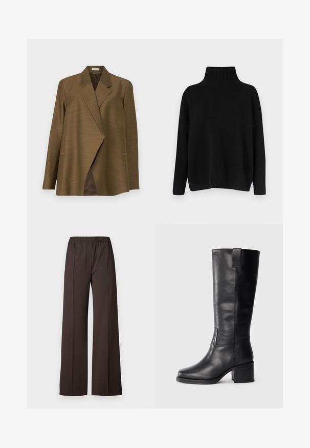 Blazer marrón con un tejido texturizado, que presenta un cuello chal, un frente asimétrico y bolsillos laterales. Sin forro y con un elegante caído.; Jersey negro de punto con un cuello alto acanalado, hombros caídos y un ajuste relajado. Cuenta con puños y dobladillo acanalados para dar textura.; Pantalones de pierna ancha en tela marrón oscuro con cinturilla elástica, que presentan una textura suave y líneas limpias para un aspecto ajustado.; Botas de cuero negro hasta la rodilla con una textura suave, punta cuadrada, tacón cuadrado y tirador lateral, con detalles de costura mínimos.